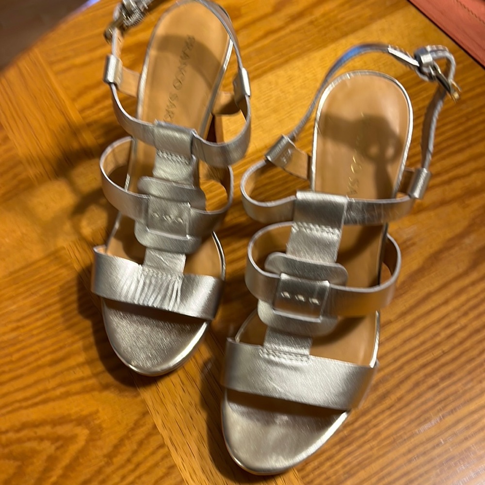 Franco Sarto, gold, 3-1/2 inch, open toe platform heels